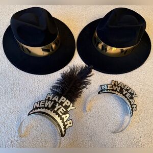 2 Happy New Year Fedora Hat Fancy Dress Up Accessory Velvet 2 Headbands Feather